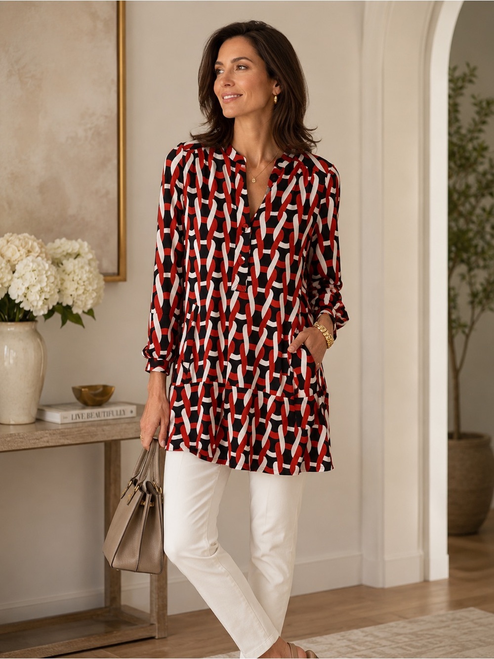 Diane von Furstenberg  silk Half Button Long Sleeve Chain Print  tunic Size 8